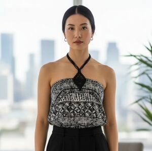 NWOT WHBM SILK Black White top S Chic Lux